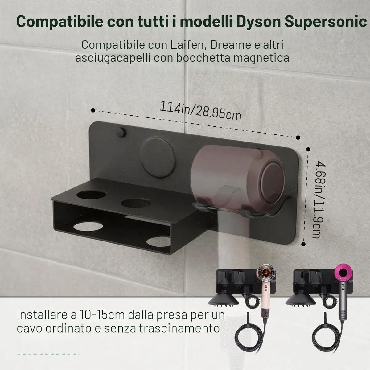 6-in-1 Porta Phon in Metallo Senza Foratura Compatibile con Dyson Supersonic Nural HD16 e HD19, Porta Phon a Parete con Supporto per la Spina, 5 Bocchette Diffusori, 29 * 12cm