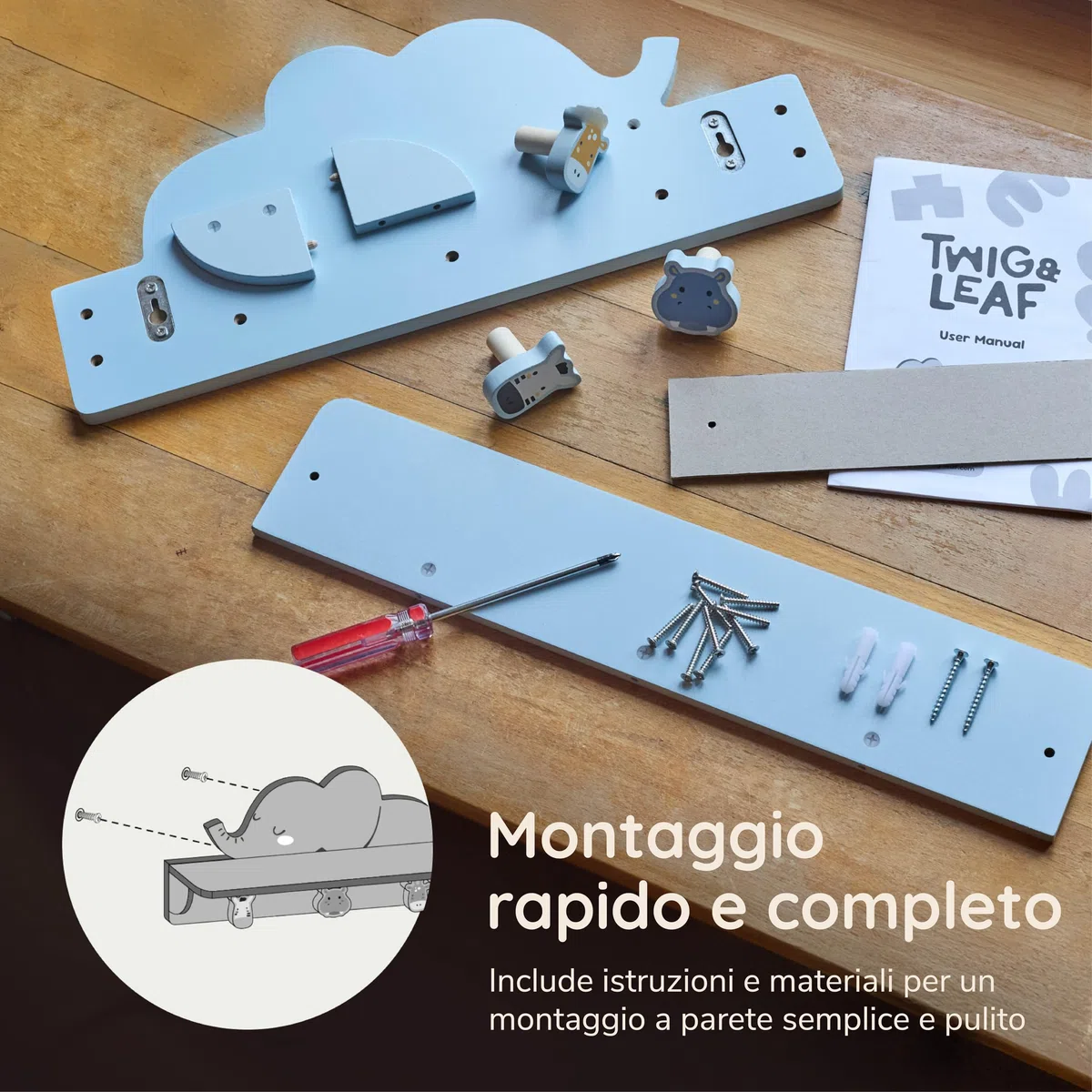Twig & Leaf Appendiabiti da Parete Bambini in Legno FSC con 3 Ganci - Mensola Cameretta Elefante Montessori - Attaccapanni Bambini da Muro