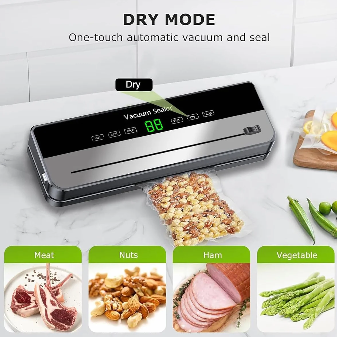 Macchina sottovuoto 5 in 1, potente macchina sottovuoto per alimenti freschi, secchi e umidi, 30 sacchetti sottovuoto e taglierina integrata (nero)