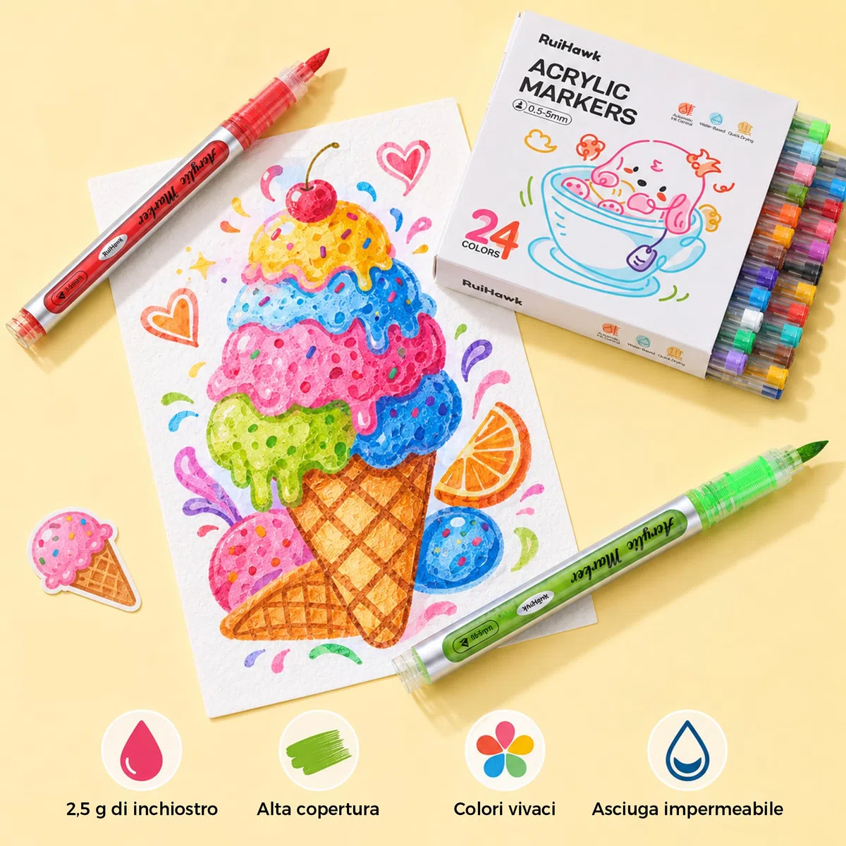 RuiHawk Kit di Pittura a Texture Schiuma 3D Magica da 75 Pezzi – Crea con Puffy Paint e 24 Pennarelli Auto-Flow, 38 Fogli Texture e Perline, Kit Creativo e Regalo per Bambini 5, 6, 7, 8, 9 Anni