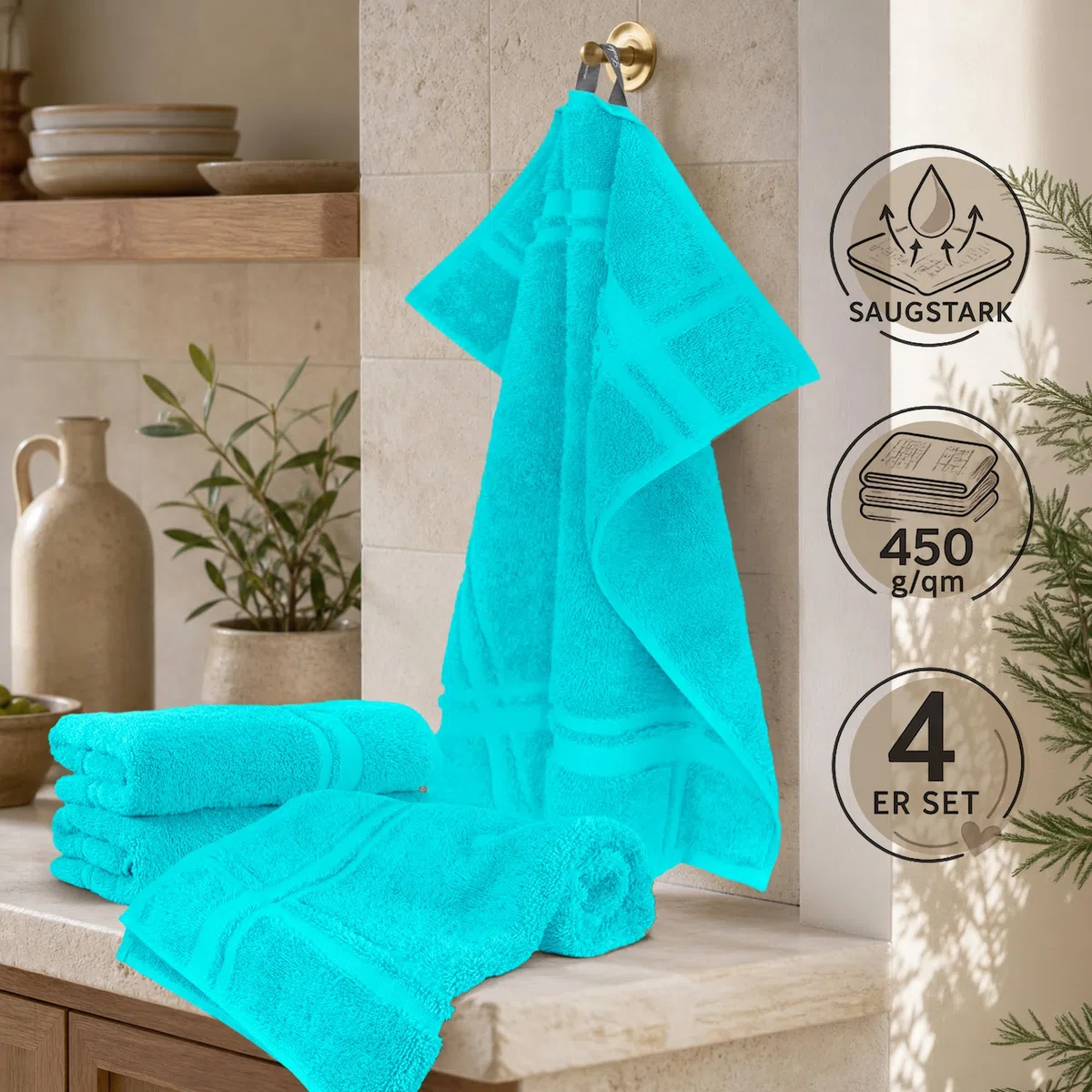 Lashuma London, set di 4 strofinacci cucina cotone colorati – strofinaccio 100% cotone, Turchese laguna, 50 x 50 cm