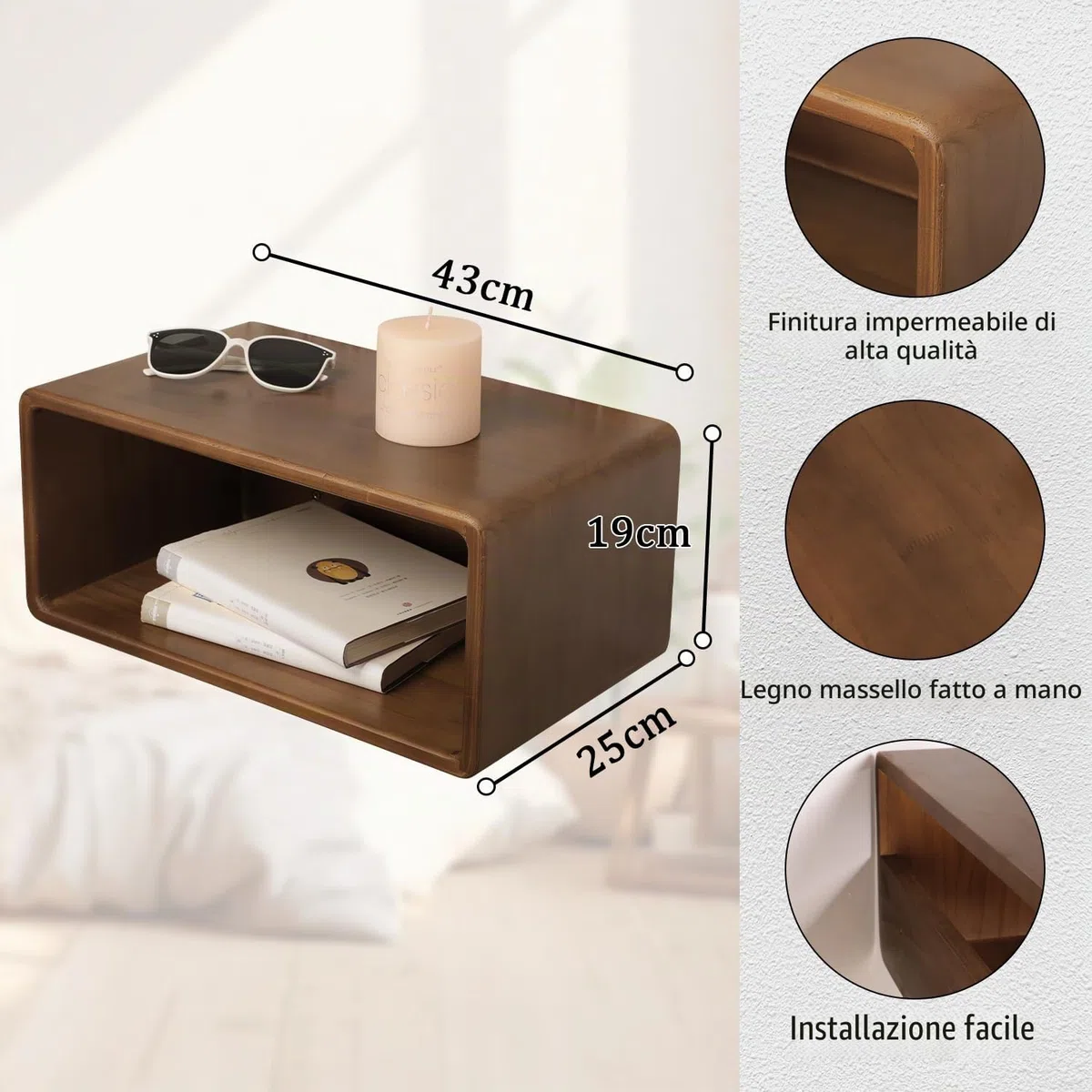 Mensola da comodino a parete e tavolo da notte sospeso in legno di pino, stile minimalista, 43 x 19 x 25 cm, marrone
