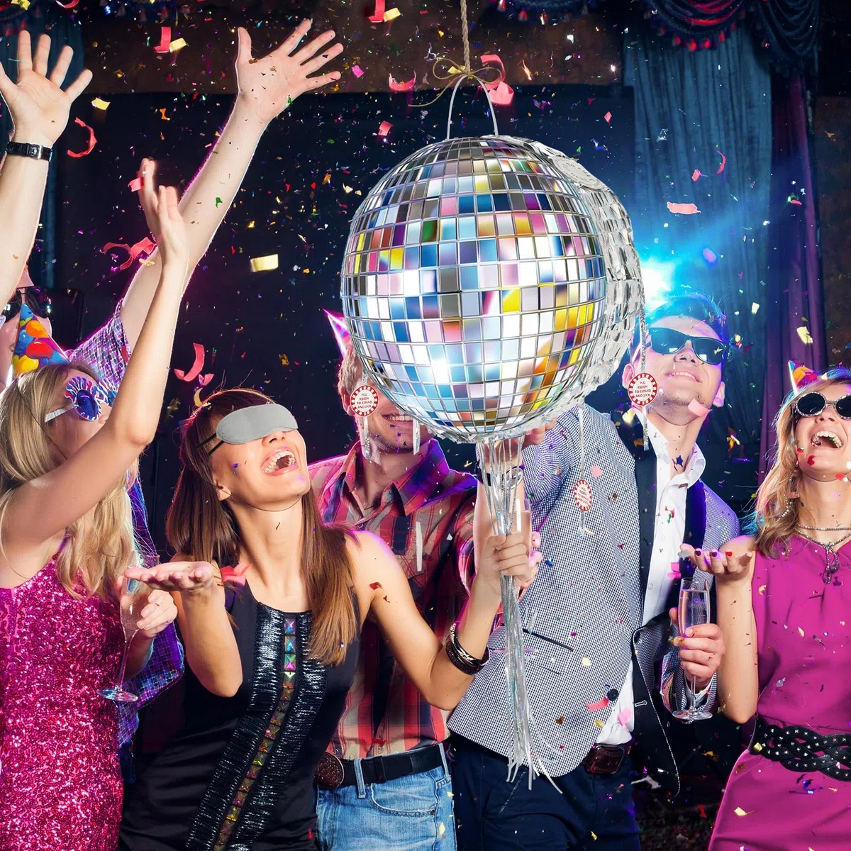 WERNNSAI Pignatta a forma di Palla da Disco - Mini Pignatta da Disco con Benda, Bastoncino e Nastri da Tirare per Decorazione di Festa di Danza Retrò Anni 80 e 90, Forniture per Compleanno per Bambini