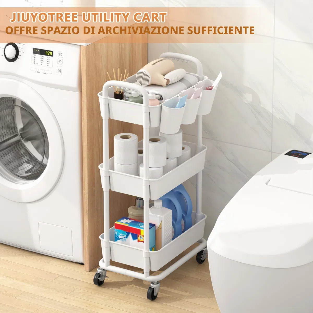 JIUYOTREE Carrello portaoggetti in plastica a 3 livelli con manici extra appesi e ruote bloccabili, per soggiorno, bagno, cucina, ufficio, bianco