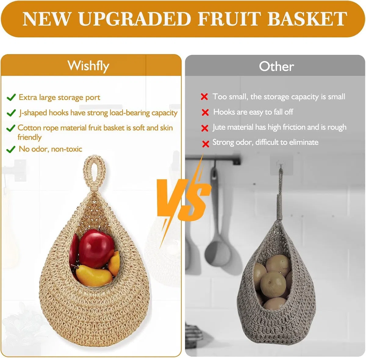 4 cestini da appendere alla parete, per frutta e verdura, in corda di iuta intrecciata, da appendere alla parete, organizer da appendere alla porta, con 8 ganci, per cucina, camera da letto, bagno