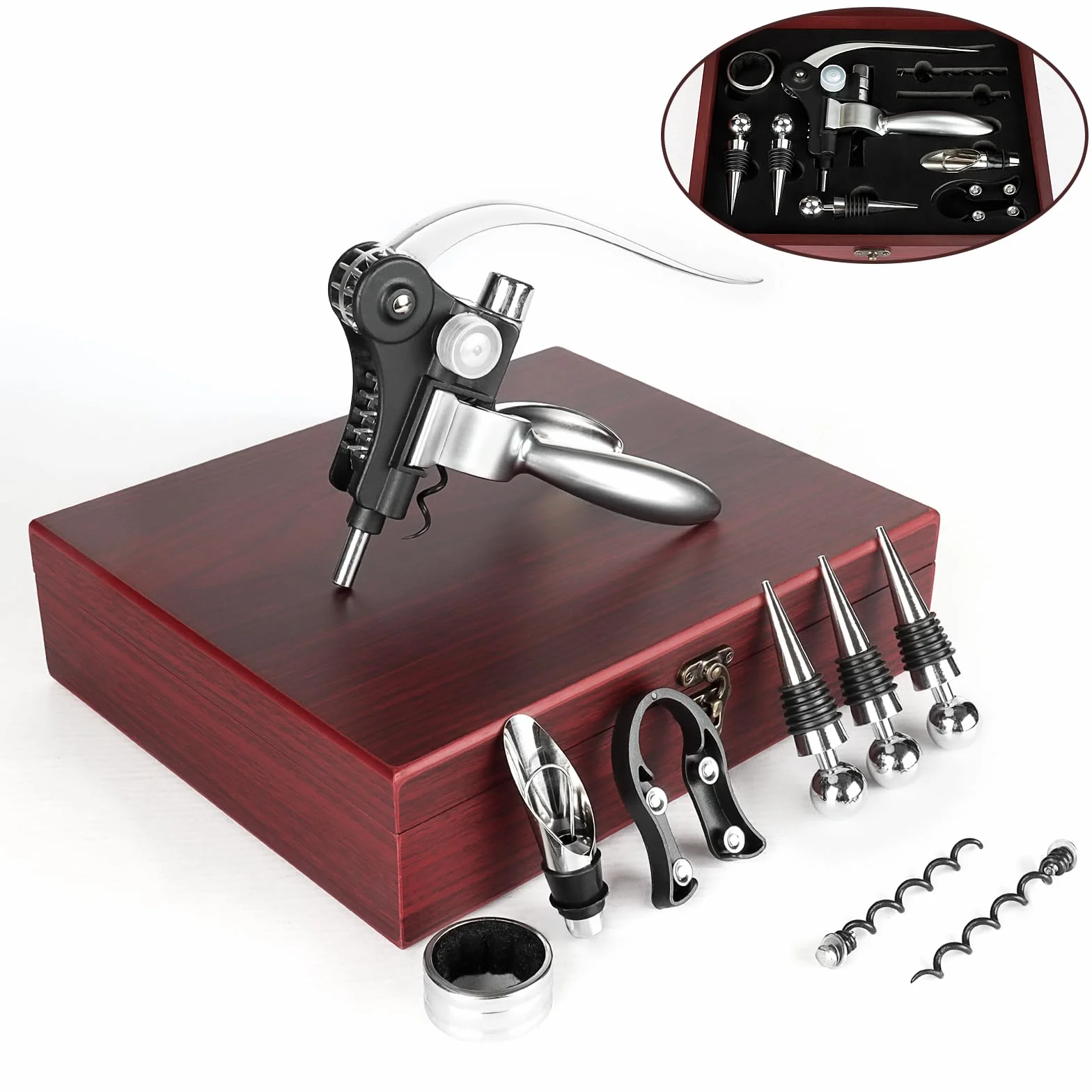 UCAMP Cavatappi,Set Apribottiglie,Set 11 Accessori per Vino da Sommelier,Apribottiglie Manuale,Scatola di Legno Accessori per Il Vino Set Regalo,Set di cavatappi per gli amanti del vino