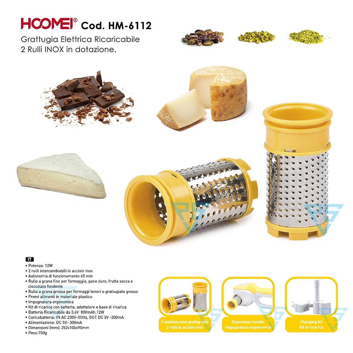GRATTUGIA ELETTRICA PER ALIMENTI 12W DUE RULLI PER FORMAGGIO PANE CIOCCOLATO CW497
