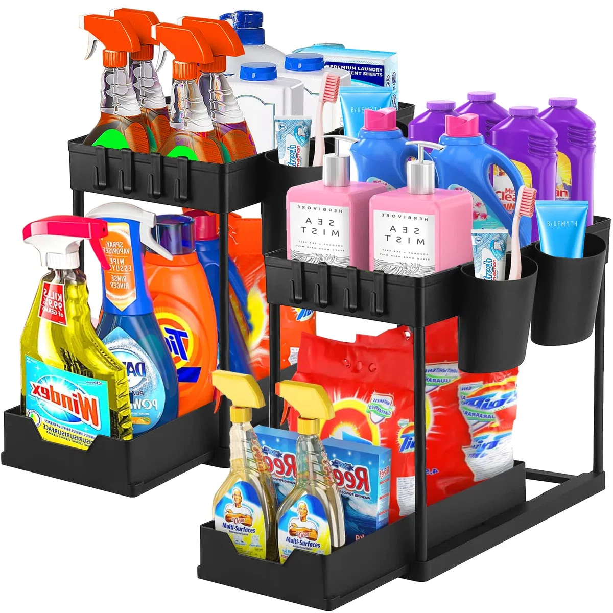 Organizer Sottolavello Cucina a 2 Livelli Organizer Bagno Portaoggetti 4 Cuscinetti Antiscivolo e 4 Ganci 2 Tazze Sospese Portaoggetti Scorrevole Rimovibile Adatto Per La Cucina Del Bagno