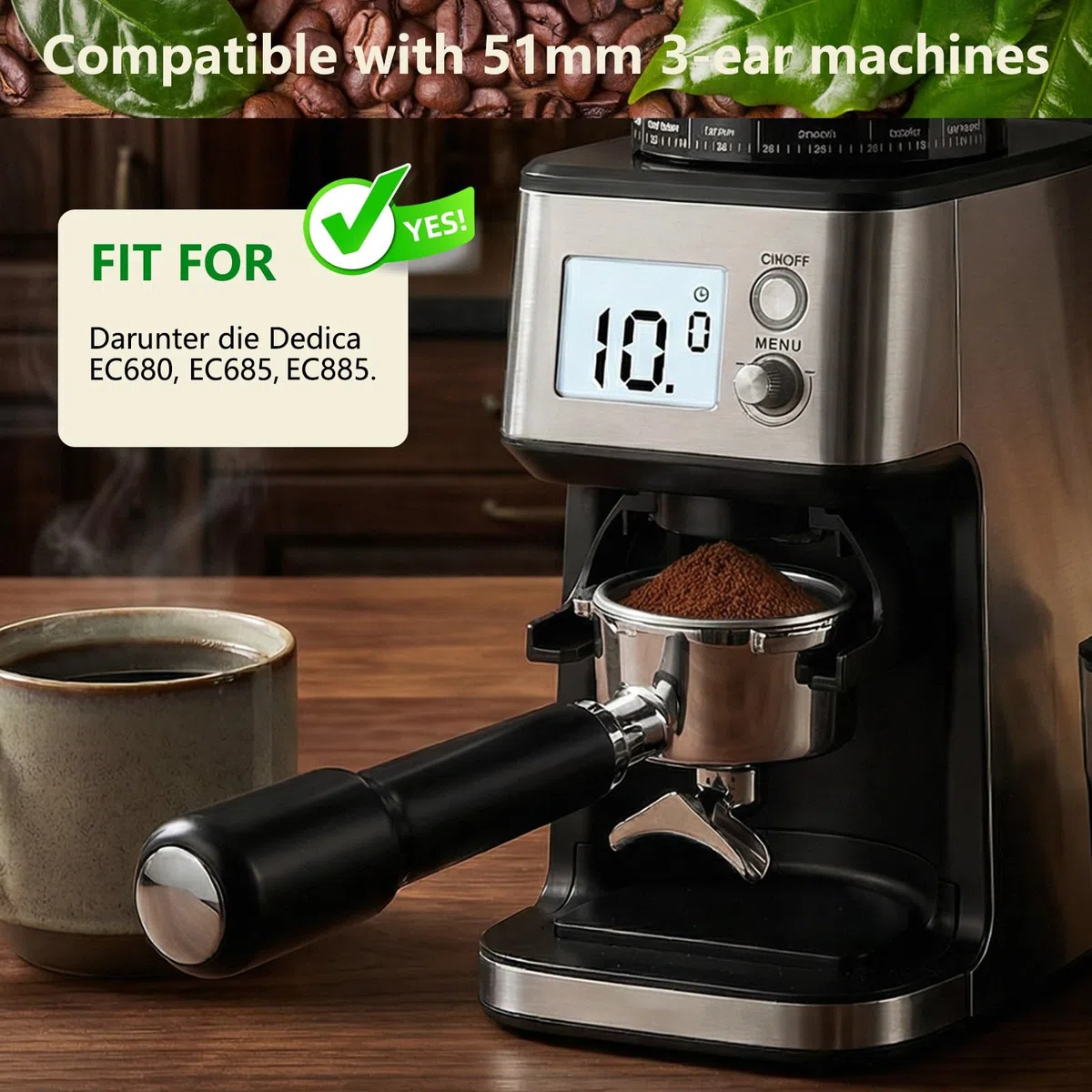 Portafiltro 51 mm 3 Orecchie con Doppio Beccuccio, Portafiltro 51mm Compatibile con Delonghi Dedica EC680/EC685/EC885, Manico in ABS e Supporto Filtro in Acciaio Inox (Nero)
