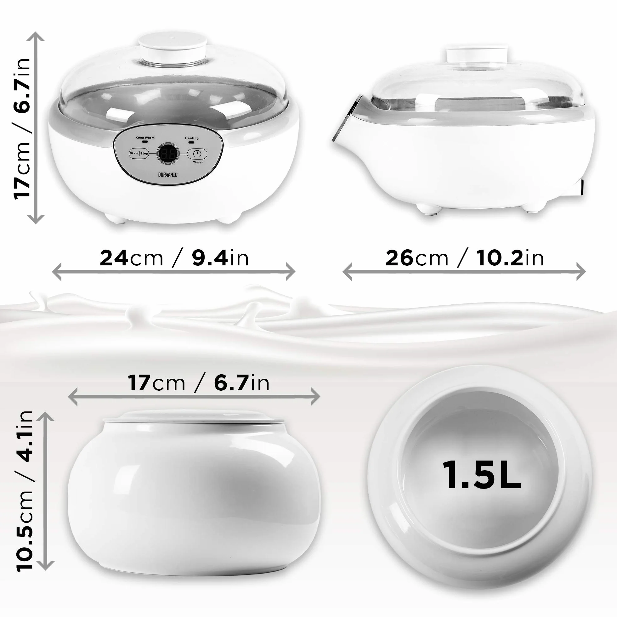 Duronic YM1 Yogurtiera elettrica automatica – 1 vasetto in ceramica da 1.5 litri - Macchina per yogurt con display digitale timer impostabile - Ideale per preparare yogurt fatti in casa
