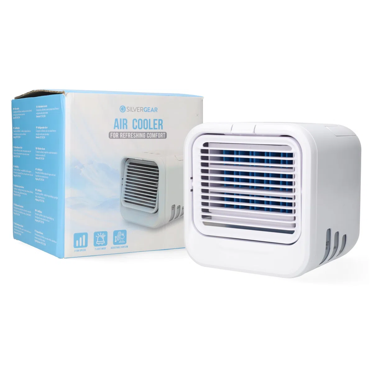 Silvergear® Climatizzatore mobile, mini refrigeratore d'aria, si raffredda con acqua o cubetti di ghiaccio, 3 livelli di ventilazione, 7 modalità di luce LED regolabili, ventilatore da tavolo