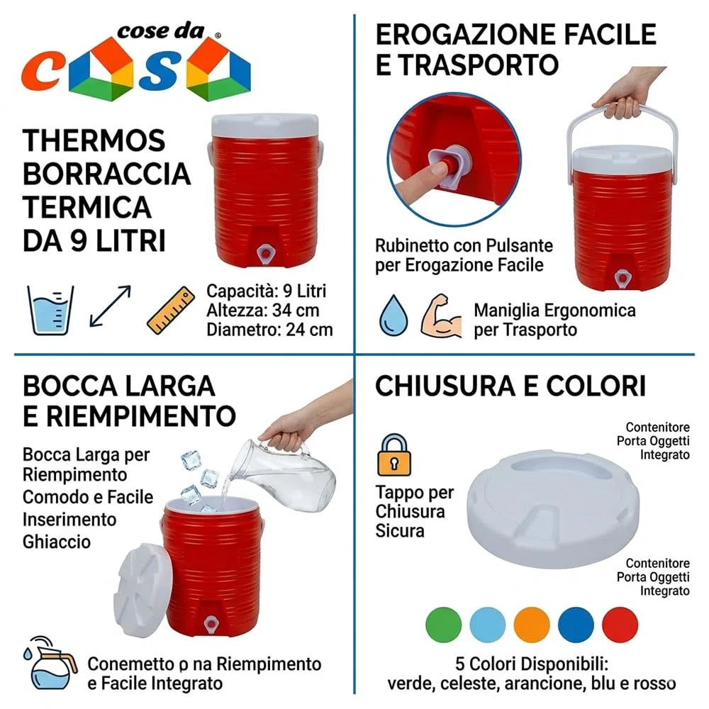 Thermos Borraccia Termica 9 Litri con Rubinetto e Maniglia Contenitore Frigo Acqua in Plastica Bocca Larga Tappo e Contenitore Porta Oggetti