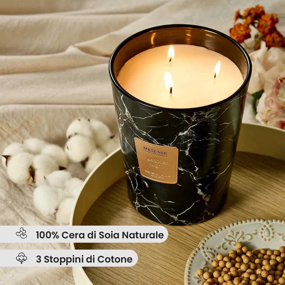 M&SENSE Candela Profumata Grandi 990g Notte Cuoio, 3 Stoppini 150H Dura, Naturali Cera di Soia Non Tossico Candele, Marmo Vetro Room Decor, Regalo di Lusso per Donne/Natale, Home Scented Oversize