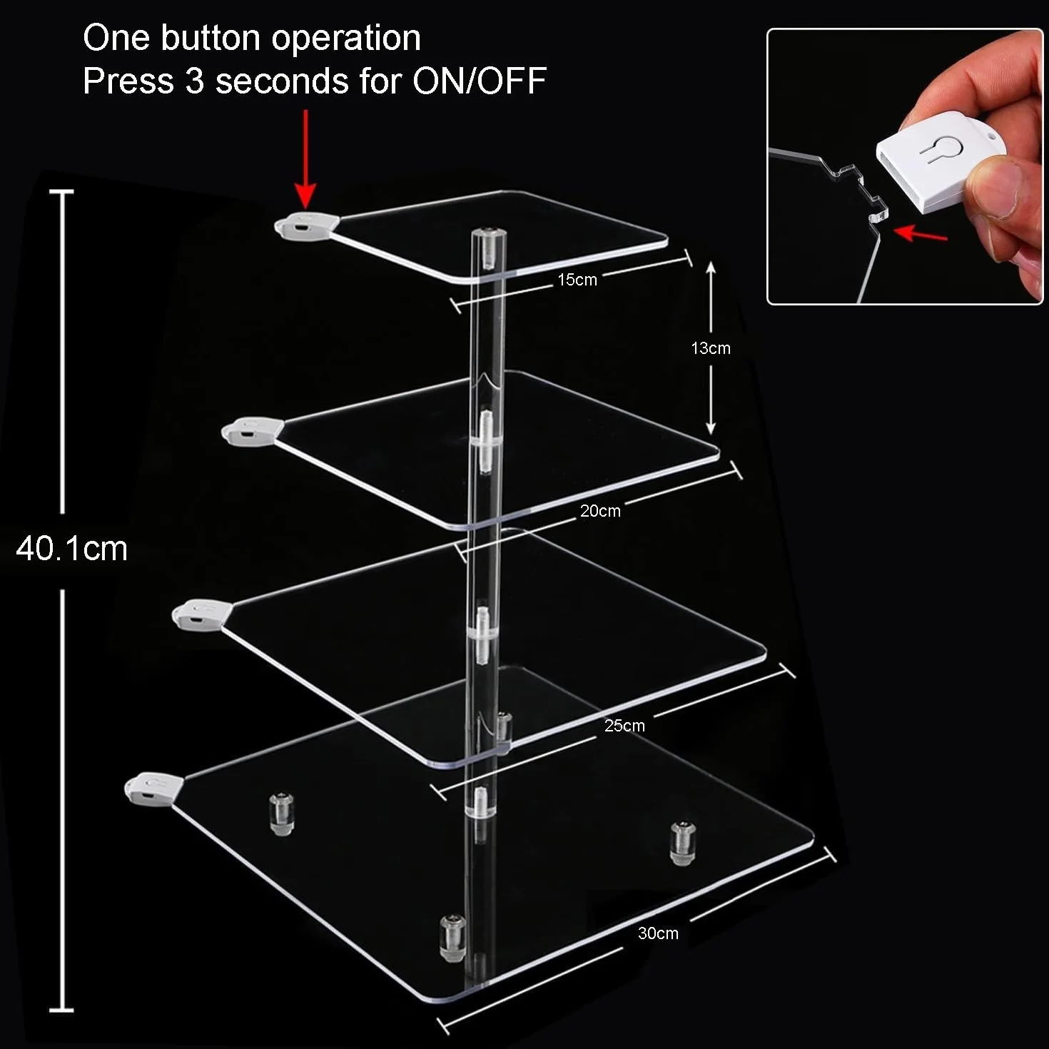 4 Piani Cupcake Stand, Ulifeme LED Ricaricabile Alzata, Supporto per Esposizione di Dolci Trasparente Quadrato, Torre di Cupcakes per Natale, Matrimoni, Anniversari, Feste Prenatalizie e Compleanni