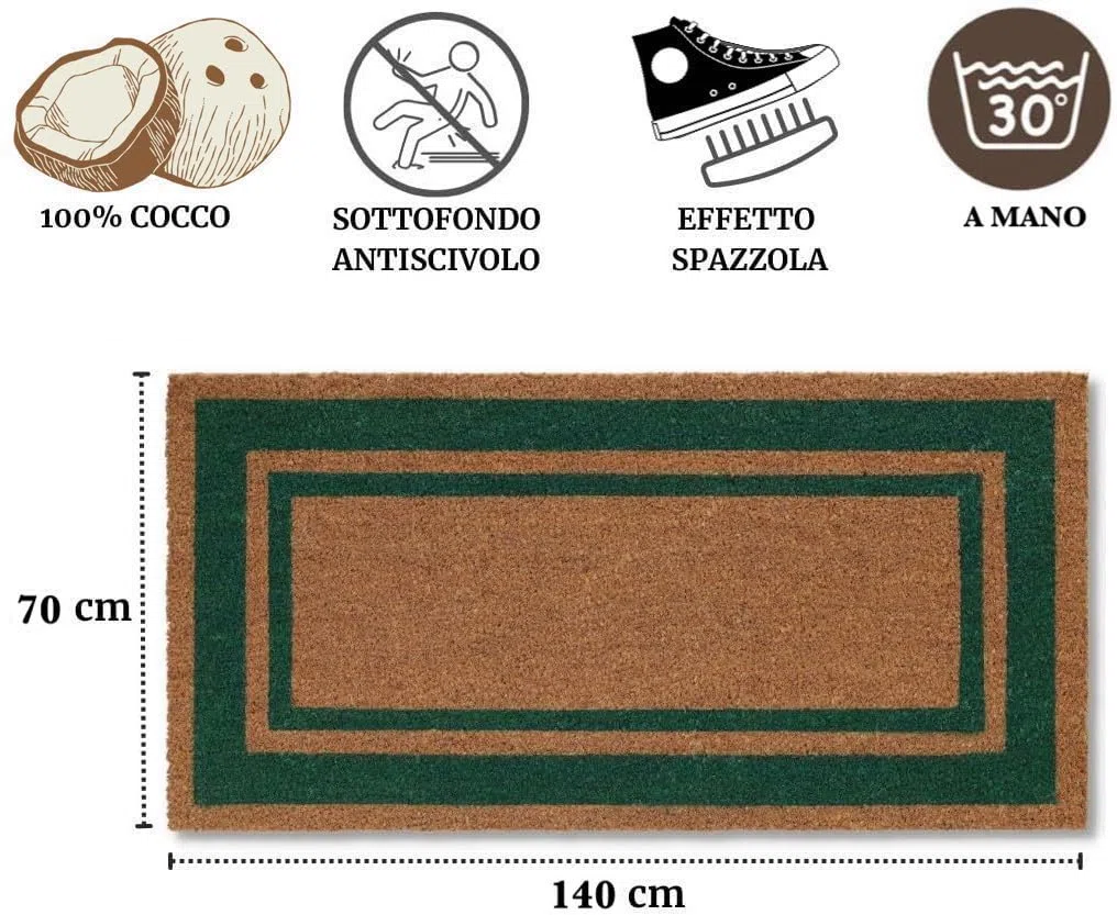 Generico Zerbino Tappeto Cocco Antiscivolo 100% Fibra Naturale Elegante Robusto Ingresso (VERDE, 70x140 Cm)