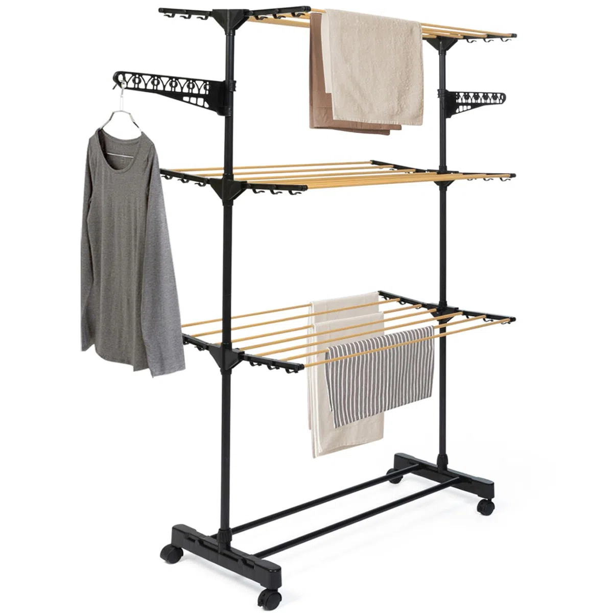 IDMarket - Stendibiancheria in acciaio MAXIMA inox nero e legno H.145 cm