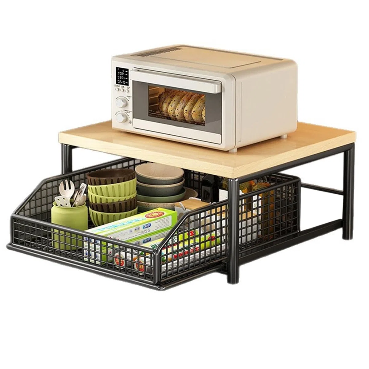 Mensola in Legno Massello Resistente per Macchina da caffè - Organizzatore da Cucina da Banco con Cassetto e Cesti in Rete - Design Salvaspazio Nero