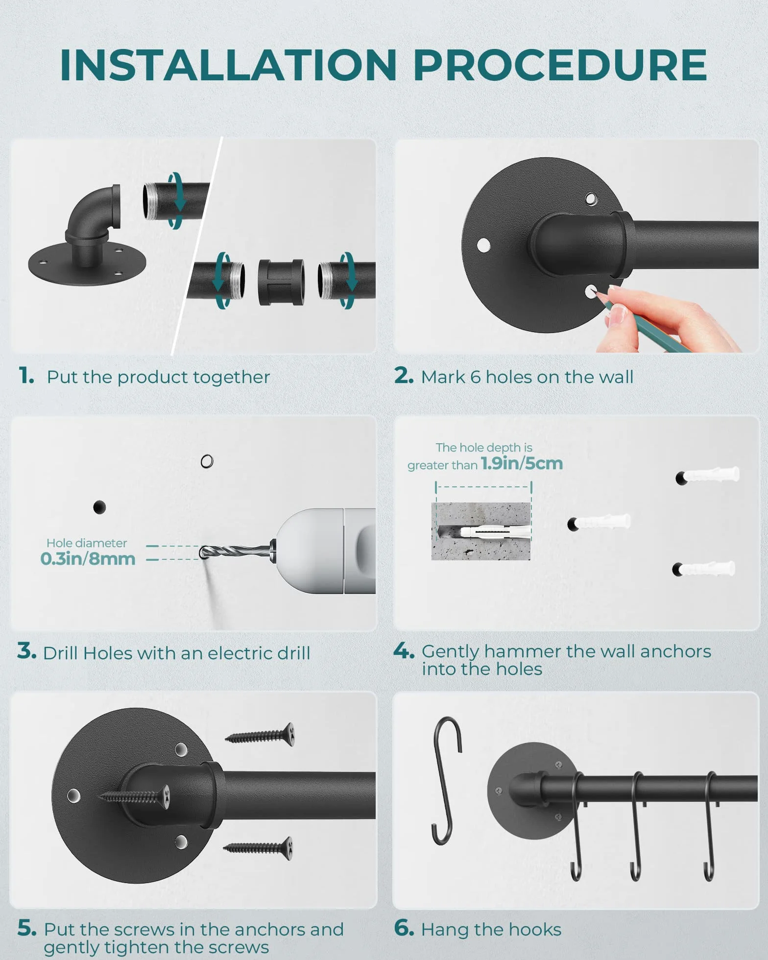 OROPY Mensola d'attaccatura degli Utensili della Cucina, 100cm Supporto della Parete dell'Acciaio Inossidabile dello scaffale con 14 Ganci (Nero)