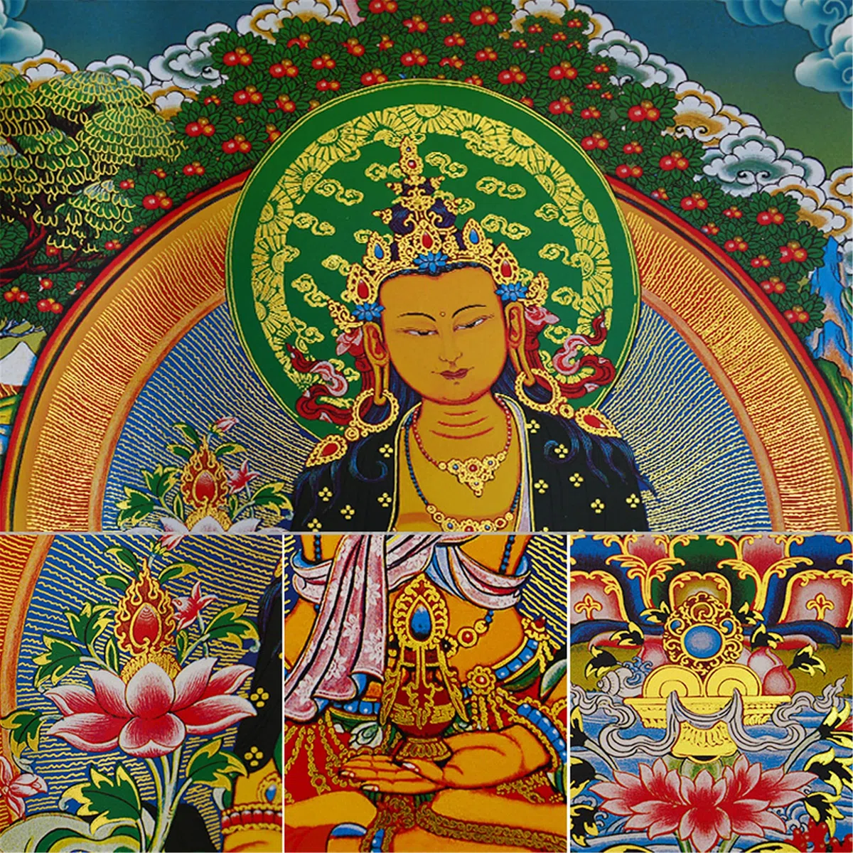 Gandhanra Thangka Tibetano - Ksitigarbha Thangka - Arazzo di Buddha a Stampa Dorata per Decorazione Zen, Meditazione, Rilassamento Spirituale e Pace