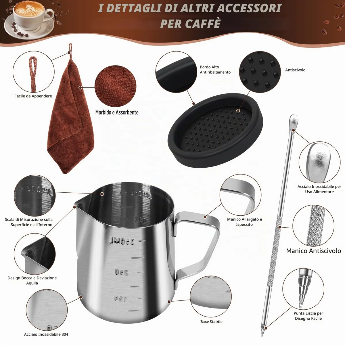 Y-Step Set di Tamper per Caffè 51mm, Set di 25 Accessori da Barista con Dosierring 51mm, Puck Screen 51mm, Panno da Barista, Strumento WDT, Mestolo da Caffè, Tappetino per Tamper, Set per Latte Art