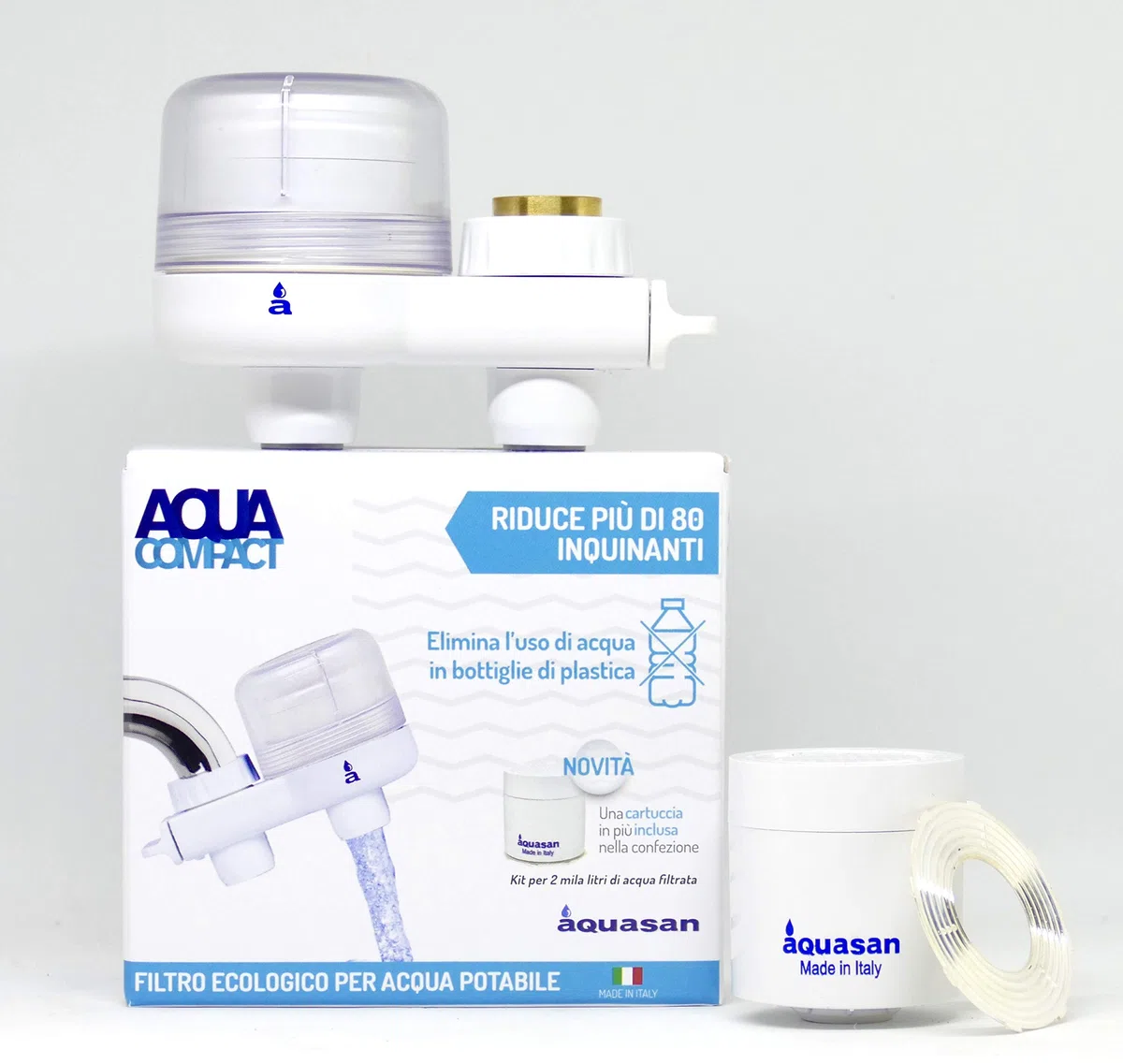 AQUASAN Aquacompact Nuovo Kit 2000 Litri - Filtro Rubinetto Anticalcare con 2 Cartucce, Depuratore Acqua Potabile, Riduce Microplastiche Rimuove Gusto Odore (White)