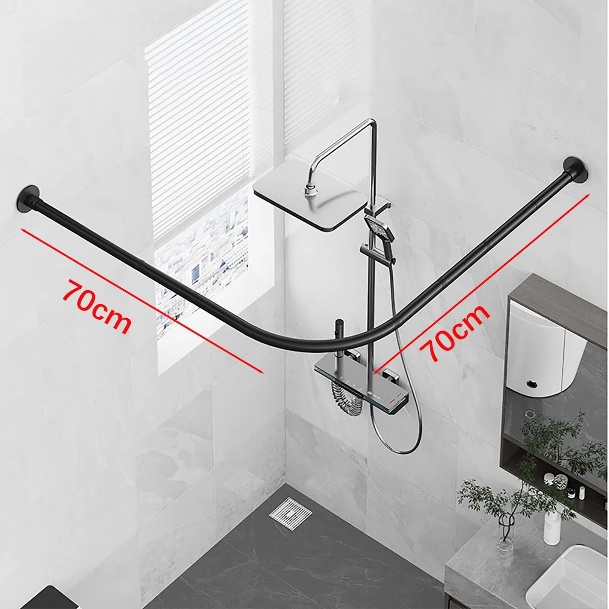 Asta per Tenda da Doccia A Forma di L, 70x70cm Bastone Tenda Doccia Angolare Curva Senza Foratura, Senza Supporto A Soffitto, Adatto per Il Bagno, Nero