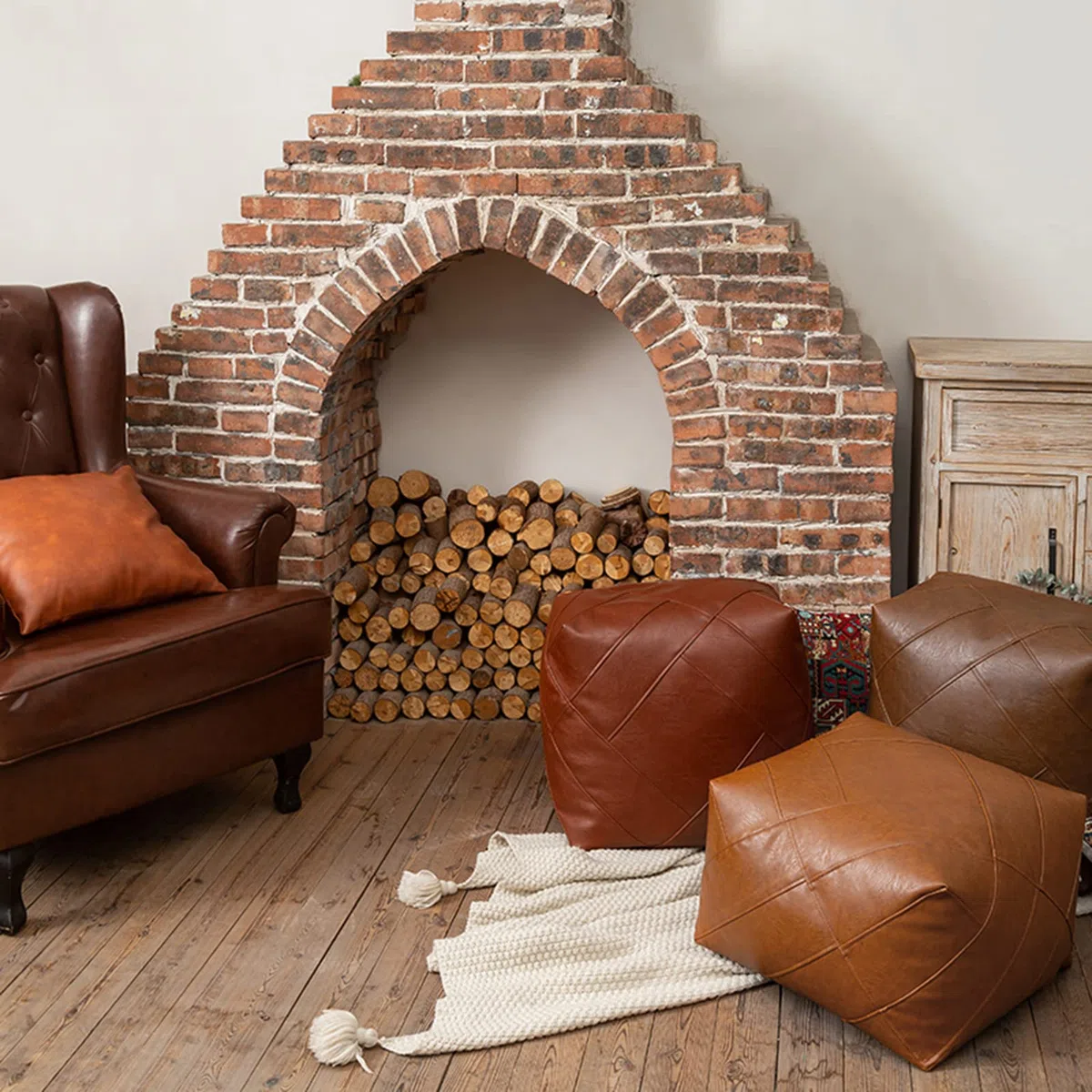 Pouf Marocchino in Pelle Poggiapiedi ottomano Poggiapiedi Quadrato Non Riempito Poggiapiedi Imbottito Coprisedile per Soggiorno Decorazioni per la casa Regalo (Arancione e caffè, M)