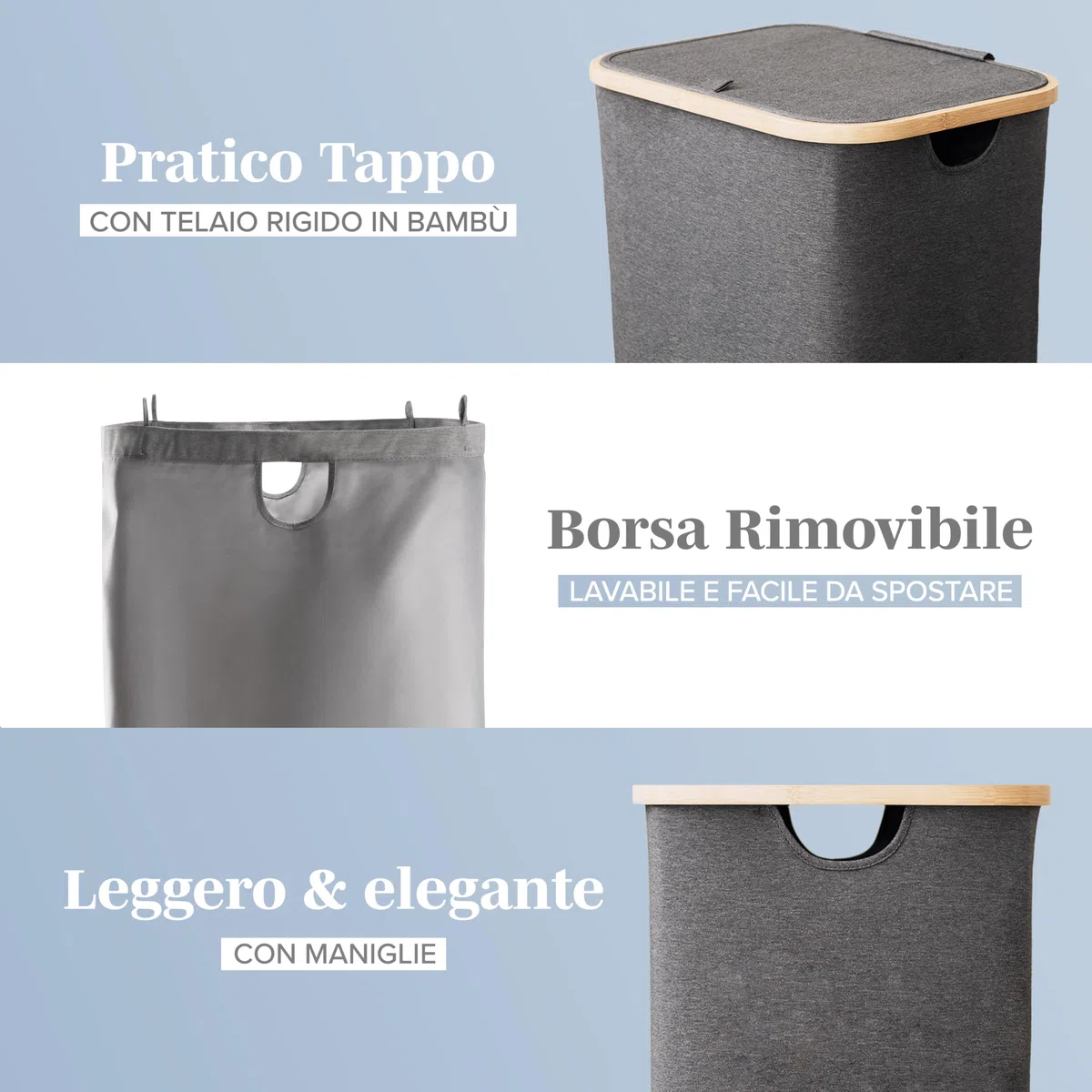 Lonbet - Cesto Grande Grigio - XL 100 Litri - Porta Biancheria Sporca con Coperchio - Portabiancheria Sporca con Manici