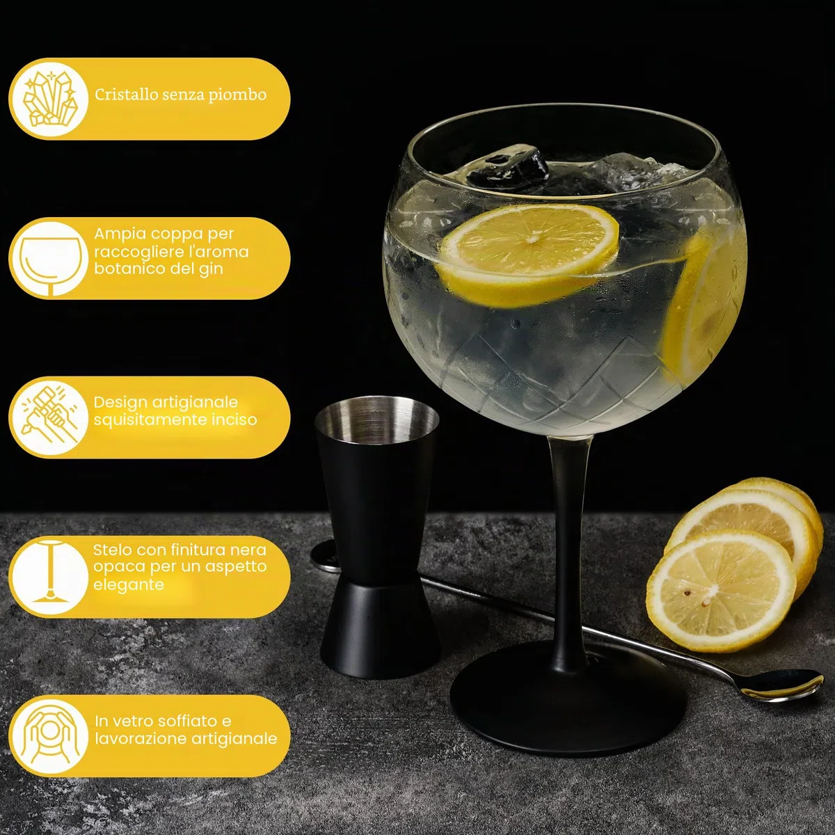 MIAMIO - 2 bicchieri da gin e tonica da 650 ml - di alta qualità ideali per cocktail - Set regalo comprensivo di misurino e cucchiaio per mescolare
