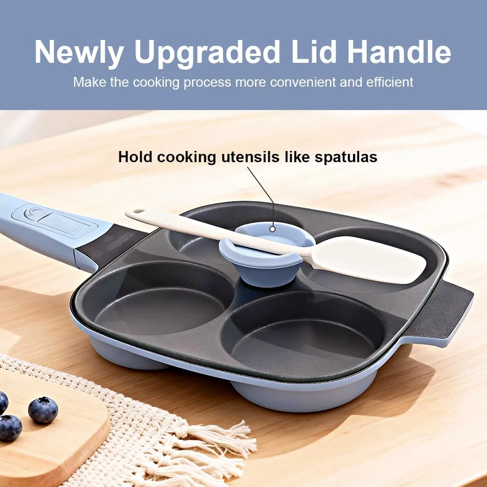 RANX INGST Padella Pancake 4 Fori con Coperchio, Padella per Uova Fritte con Manico Rimovibile, padella per omelette Antiaderente in Alluminio - Blu
