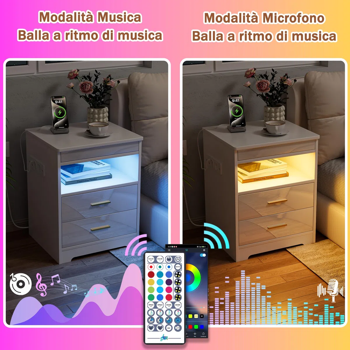 Comodini Camera da Letto con 2 Prese AC/2 Porte USB E 1 Luce LED RGB, Comodino con 2 Cassetti E 1 Ripiano Estraibile E 1 Divisorio Aperto,Salvaspazio per Camera da Letto E Studio (45x40x58cm, Bianco)