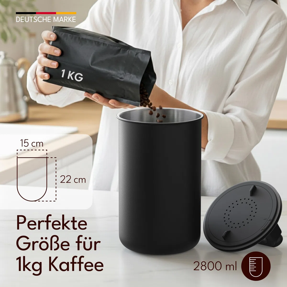 KC Kitchen & Co. Barattolo ermetico per chicchi di caffè da 1 kg, con coperchio sottovuoto (supporto per caffè, tè, barattolo in acciaio inox, chiusura aroma, barattolo di latta, nero opaco, 2800 ml