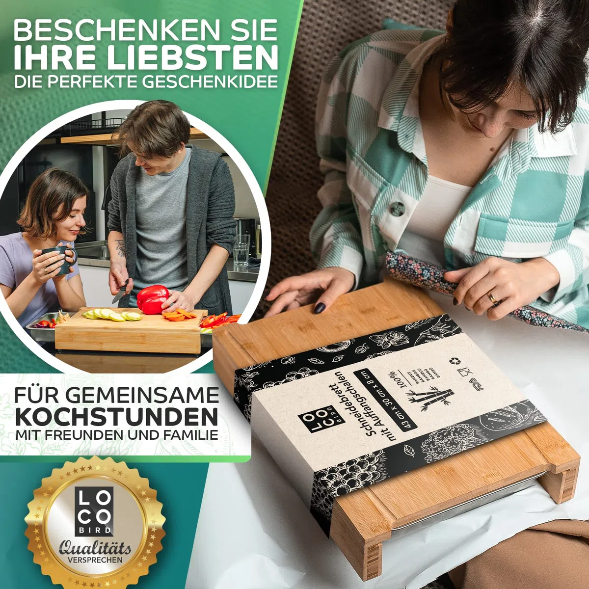 Loco Bird Premium Chopping Board con vassoi di raccolta - Gadget ideale per la cucina - Set - Tavola da cucina in bambù con 2 vassoi in acciaio inossidabile - Aiuto in cucina per cucinare