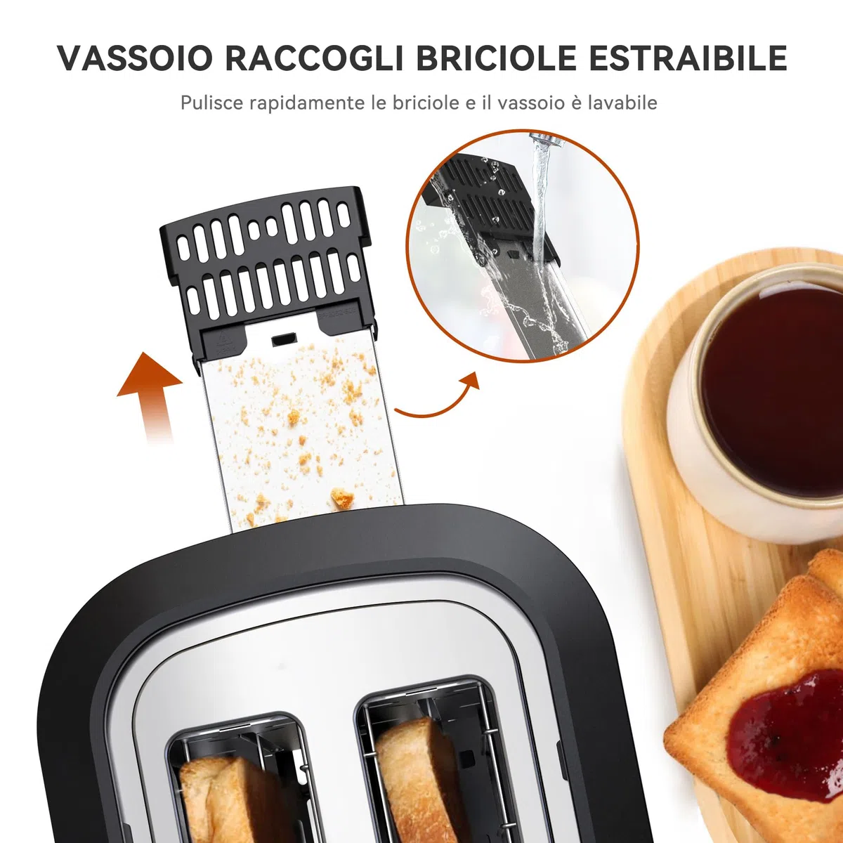 KitchenBoss Tostapane in Acciaio Inox：Tostapane per 2 fette con Pinze, 6 Livelli di Tostatura, con Cassetto Raccoglibriciole e Griglia per il Pane, Funzione di Spegnimento Auto e Sbrinamento, 870 W
