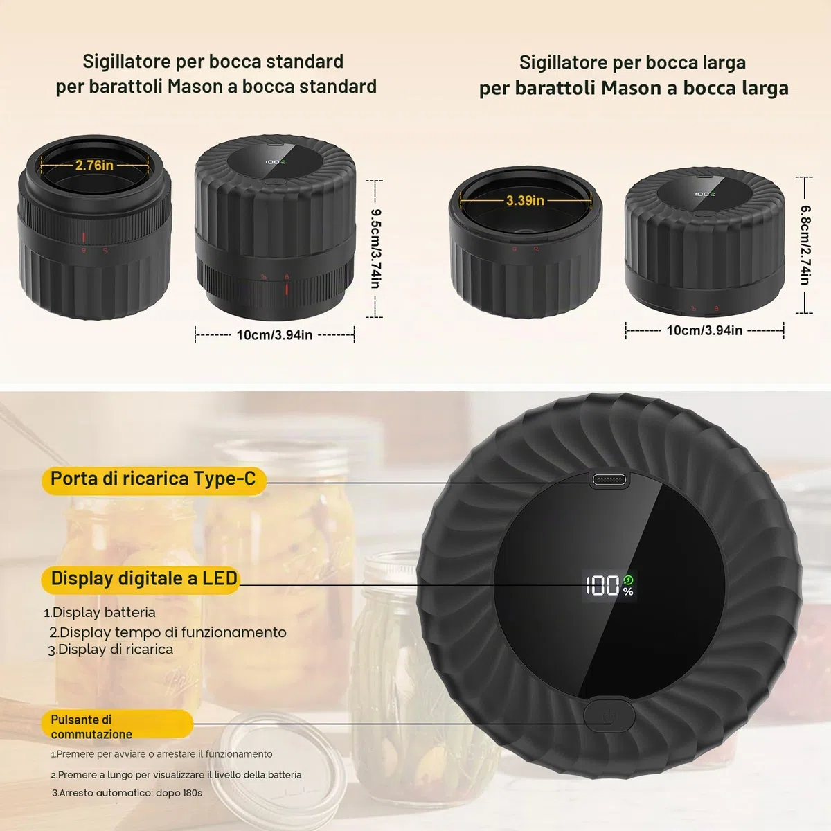 Kit Sigillatore Sottovuoto Elettrico per Barattoli da Conserva per Apertura Ampia e Normale, HUIJUTCHEN Sigillatrice Sottovuoto per Alimenti Kit di Sigillatura per la Conservazione Degli Alimenti