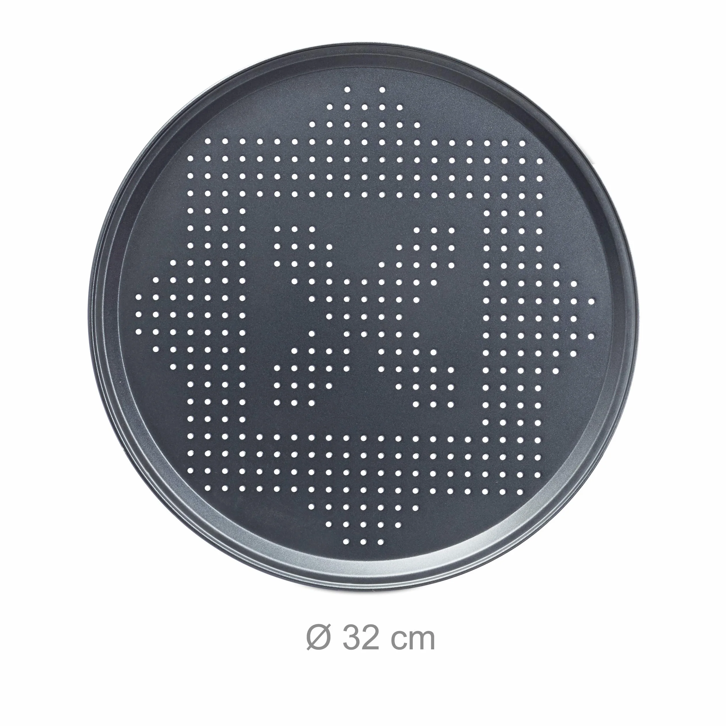 Relaxdays Teglie per Pizza, Pane, Rotonde, Set da 4, Supporto Metallo, Antiaderenti, ∅ 32 cm, da Forno, Forate, Anracite
