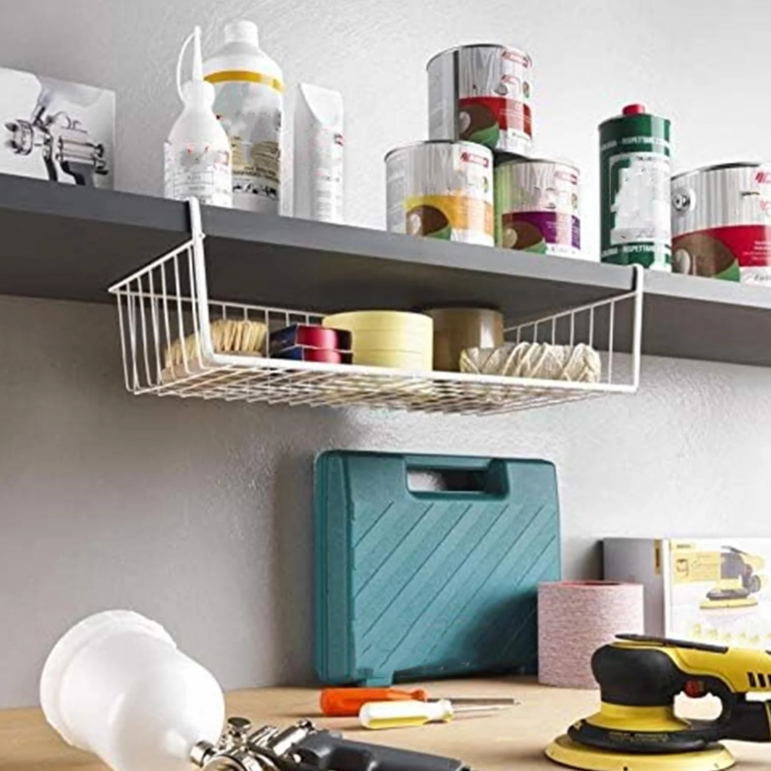 Tebery Confezione da 2 cestini portaoggetti sotto mensola da appendere, da appendere sotto l'armadietto, cestini portaoggetti a scorrimento, organizer per cucina, dispensa, scrivania, libreria, bianco