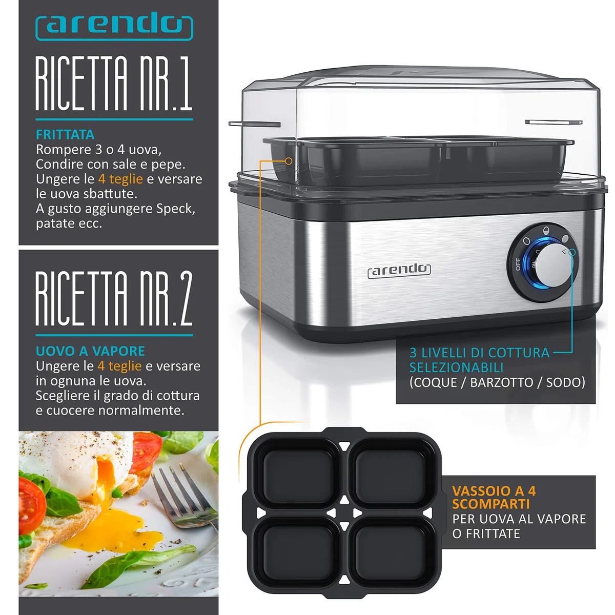 arendo - Cuociuova in Acciaio Inox da 1 a 8 Uova - Fornello per Uova – Cuoci Uova da 500 W - Tre Gradi di durezza alla Coque, barzotto, sodo - Lavabile in lavastoviglie