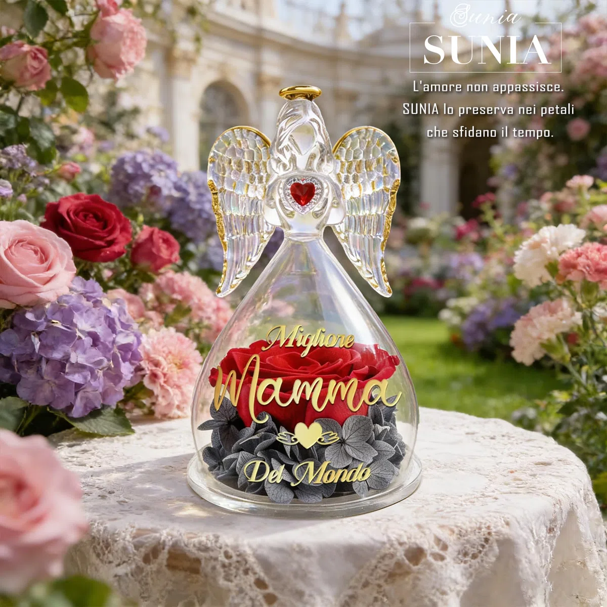 Sunia Festa della Mamma Idee Regalo, Rosa Eterna Angel stampata con Migliore Mamma del Mondo, Miglior Regalo per Mamma, Rose Stabilizzata Vera con Angelo di Vetro, Regali Festa della Mamma Originali