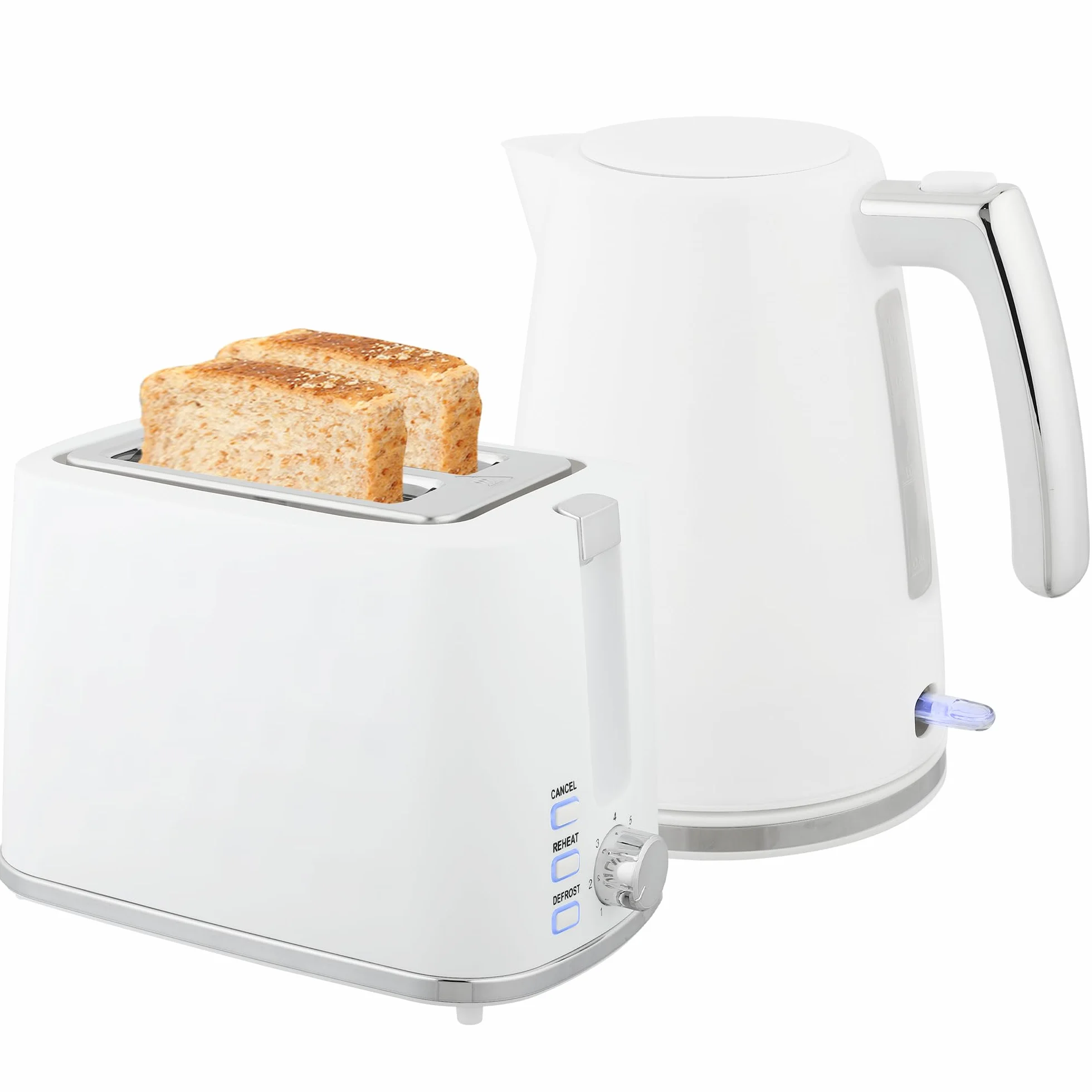 HOMCOM Set Colazione Tostapane a Fessura Larga a 2 Fette con 7 Livelli di Doratura e Vassoio Raccoglibriciole, Bollitore Elettrico da 1.7L 2200W con Termostato Otter e Filtro Anticalcare, Bianco