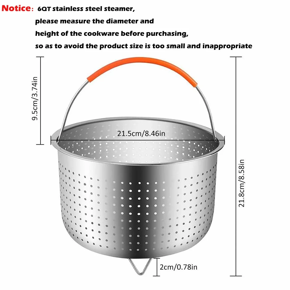 Cestello per Cottura, Cestello Verdura, Multifunzione a Vapore Cesto, Cestello Vapore Inox con Manico in Silicone, Fits Most a Pressione Pot, Verdure a Vapore, Uova(6QT)