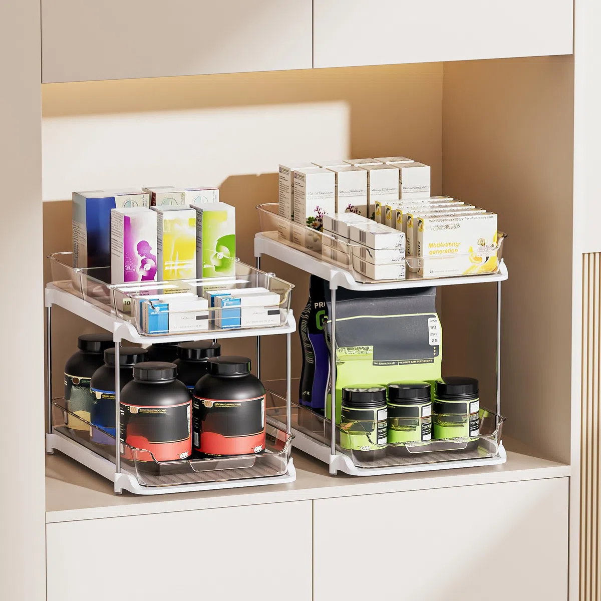 Delamu Organizzatori multiuso a 2 ripiani da bagno sotto il lavandino, impilabili per dispensa da cucina, organizer estraibile per armadietto dei medicinali con divisori mobili, bianco, confezione da
