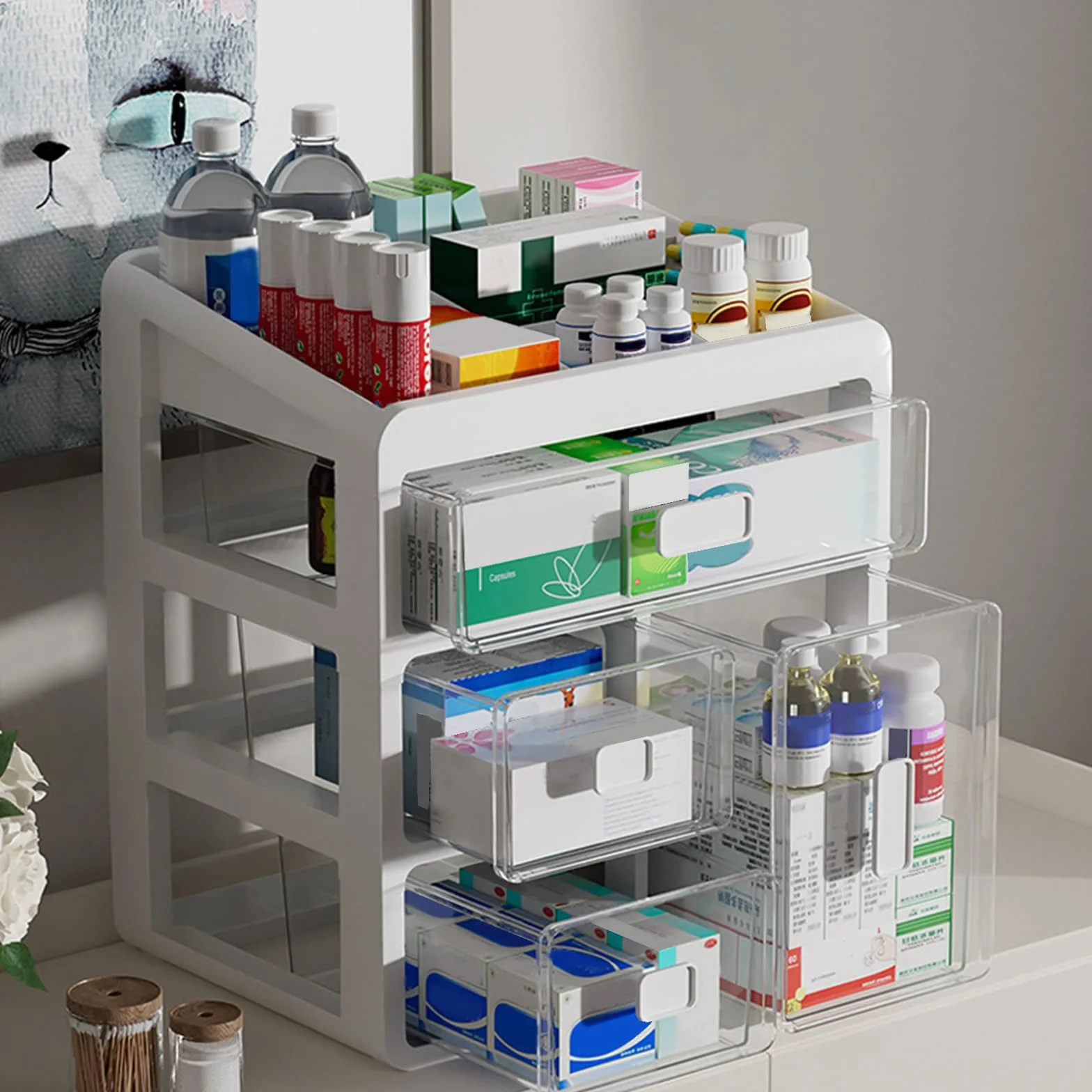 Armadio Della Medicina Domestica, Cassettone A 4 Livelli, Contenitore Per Medicine, Per La Casa E L'Ufficio Dorm