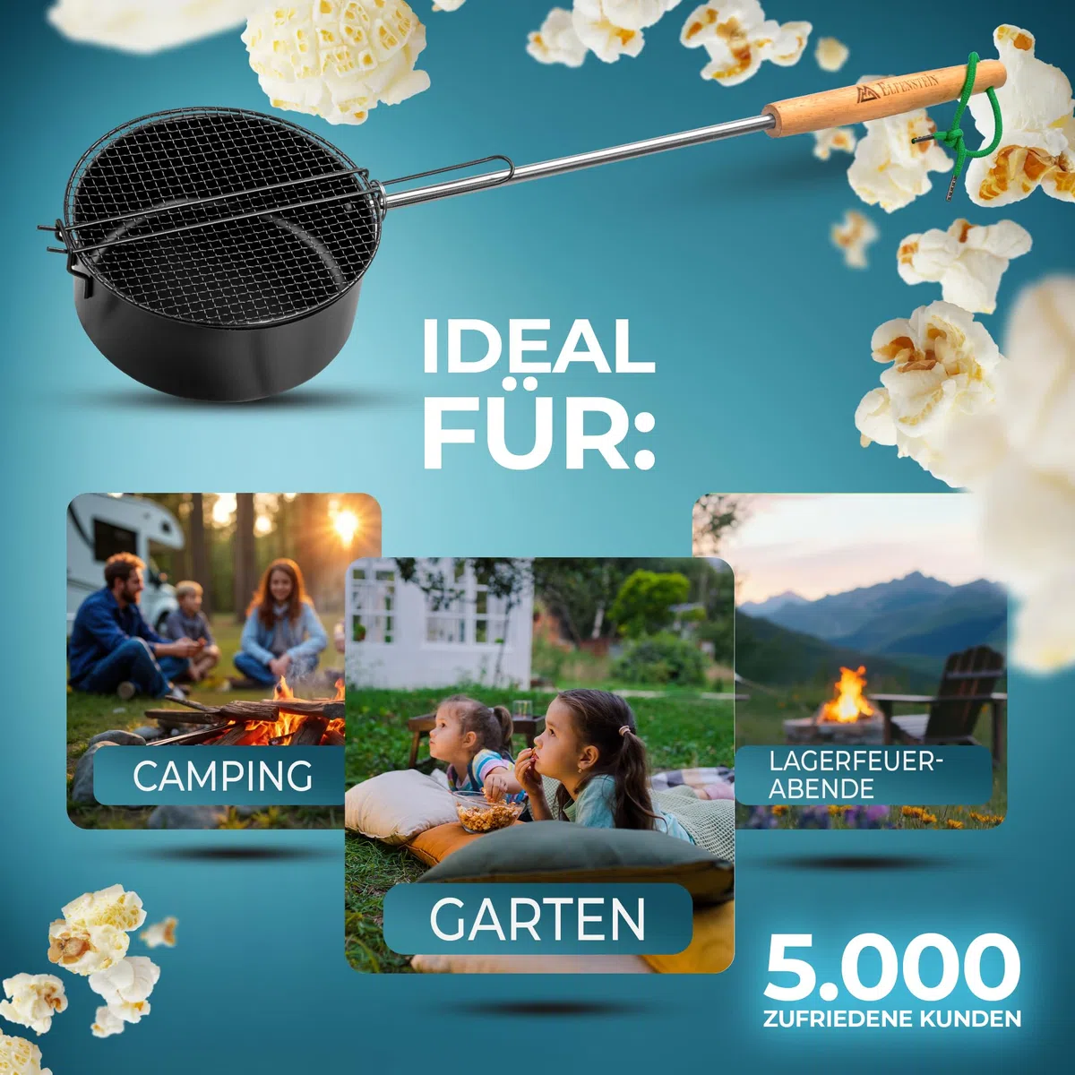 ELFENSTEIN Popcorn Maker Falò in acciaio al carbonio di alta qualità e maniglia di sicurezza, padella per popcorn all'aperto per falò, barbecue e braciere, accessori da giardino e campeggio per