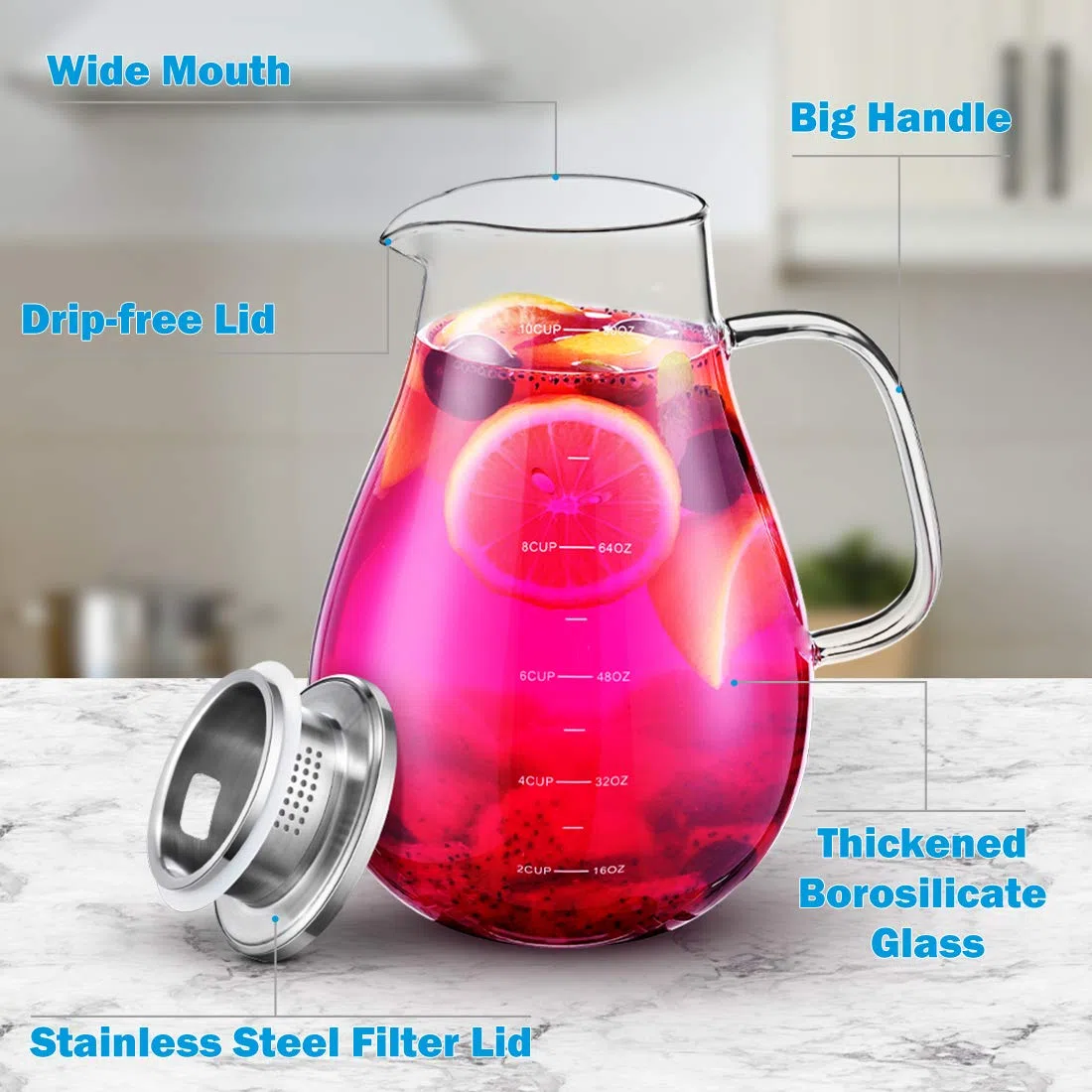 Caraffa Vetro Borosilicato, Brocca 2,4 Litri con Coperchio,per Acqua con Pennello, per Latte, Succhi, Tè Freddo