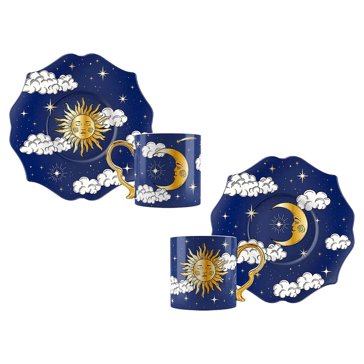 Bialetti Set 2 Tazzine da Caffè + 2 Piattini Cielo Stellato Blu Ceruleo Luna e Sole