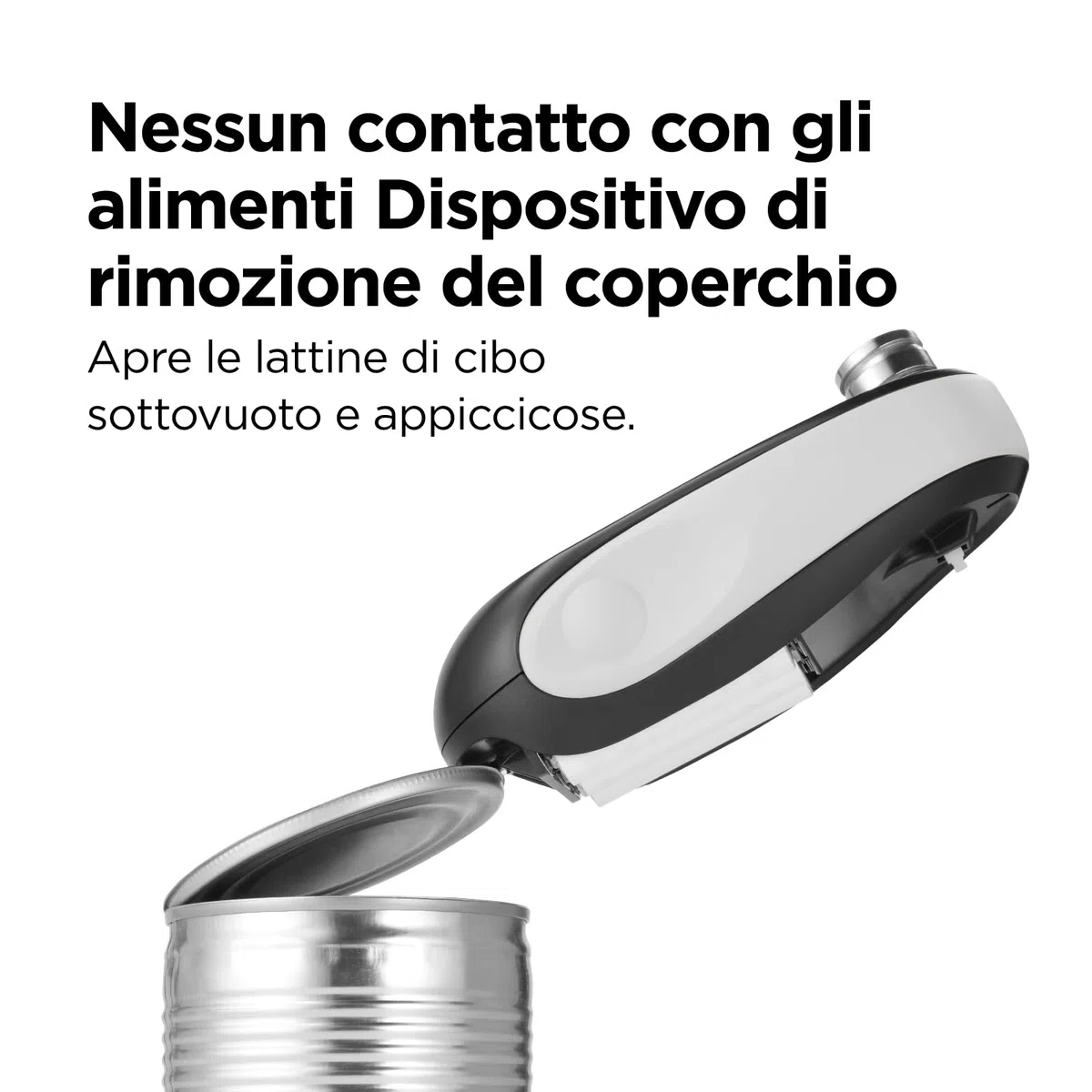 Apriscatole elettrico Kitchen Mama One-To-Go: Apre con un Tasto, Riconosce Automaticamente Tutte le Lattine, con Auto-Stop, No Bordi Taglienti, Dispositivo Rimozione Coperchio, a Batteria (Bianco)