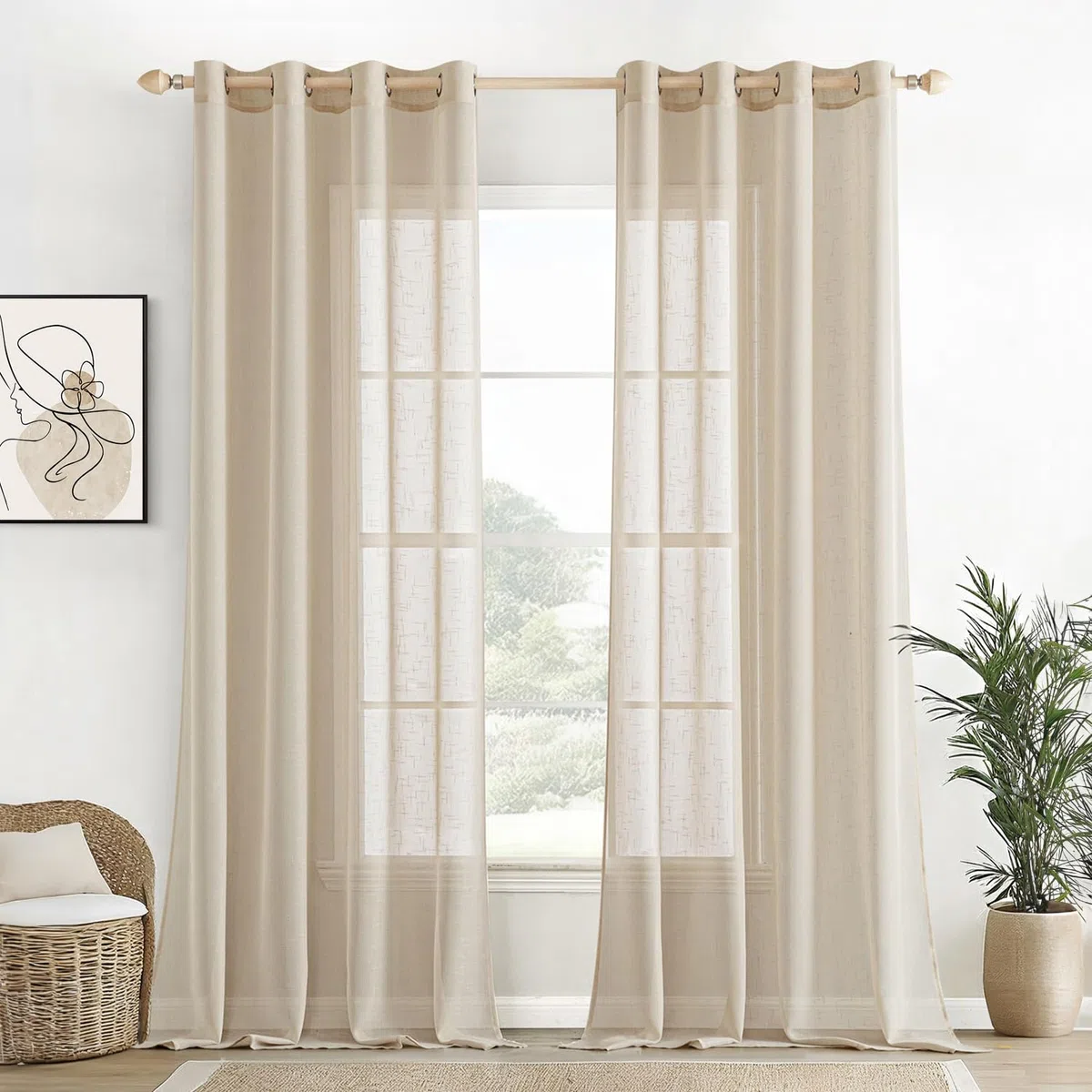 EMEMA Set di 2 tende in voile trasparenti in lino con occhielli, per soggiorno moderno, tenda decorativa per camera da letto, con occhielli, 140 x 260 cm (B x H) beige