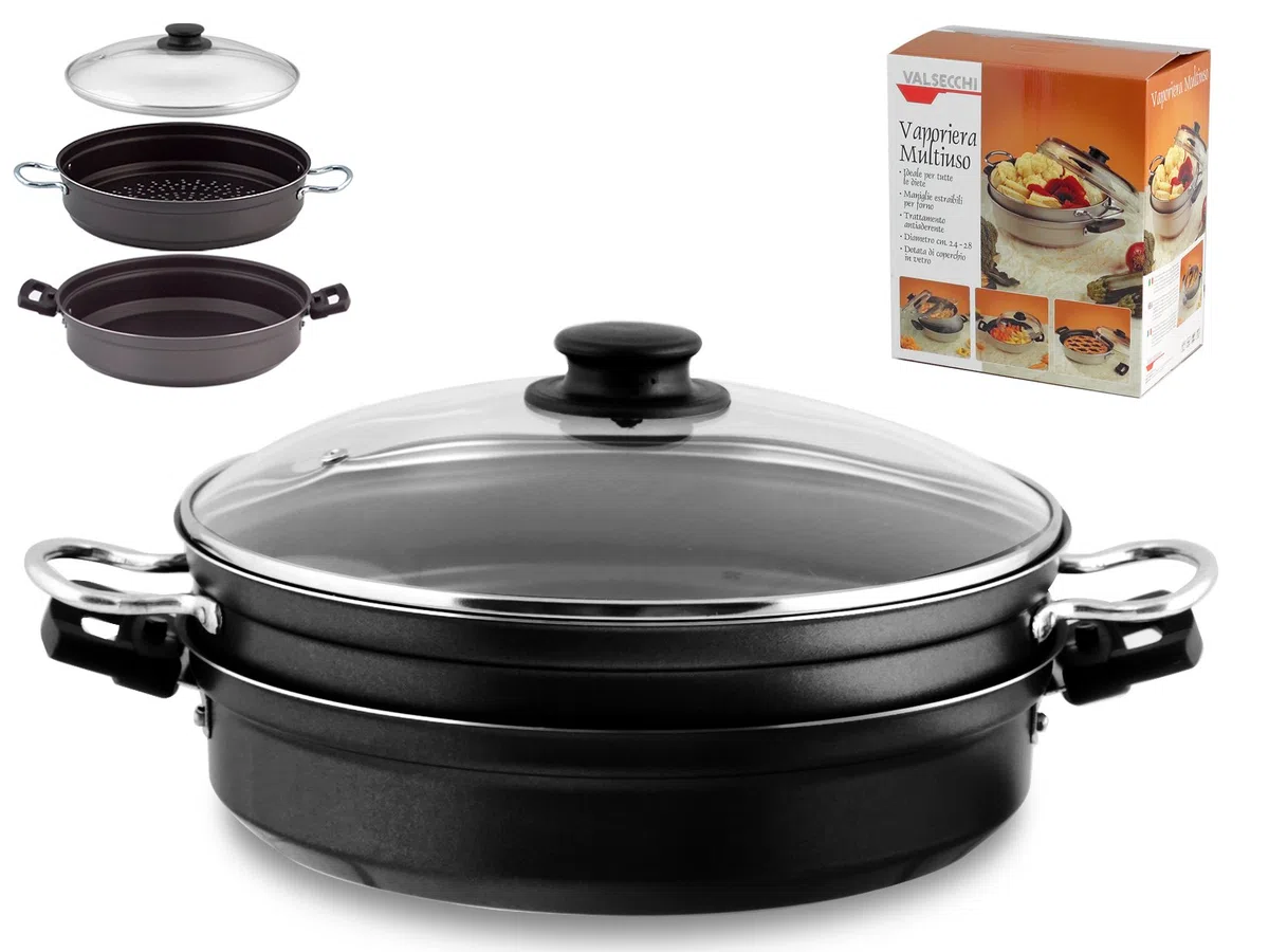 Valsecchi 465500 Vaporiera Multiuso In Alluminio Con Rivestimento Antiaderente 28 Cm Con Coperchio In Vetro