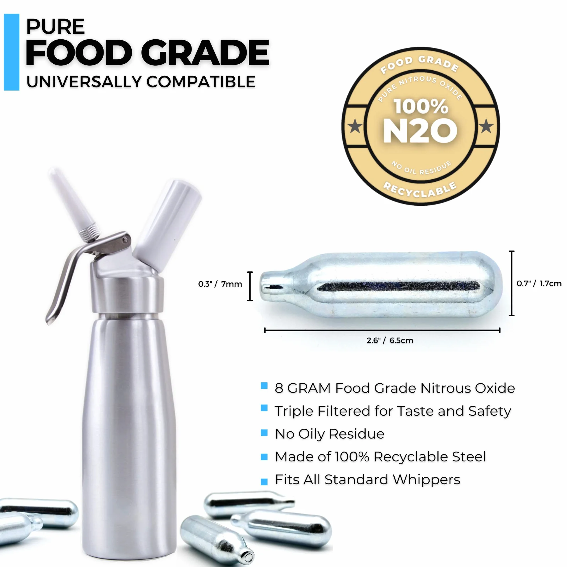 ICO N2O Protossido di Azoto per Il Monta Panna, 50pz, Protossido di Azoto Bombolette, 8g Ricariche Sifone per Sifone da Cucina o Sifone Panna